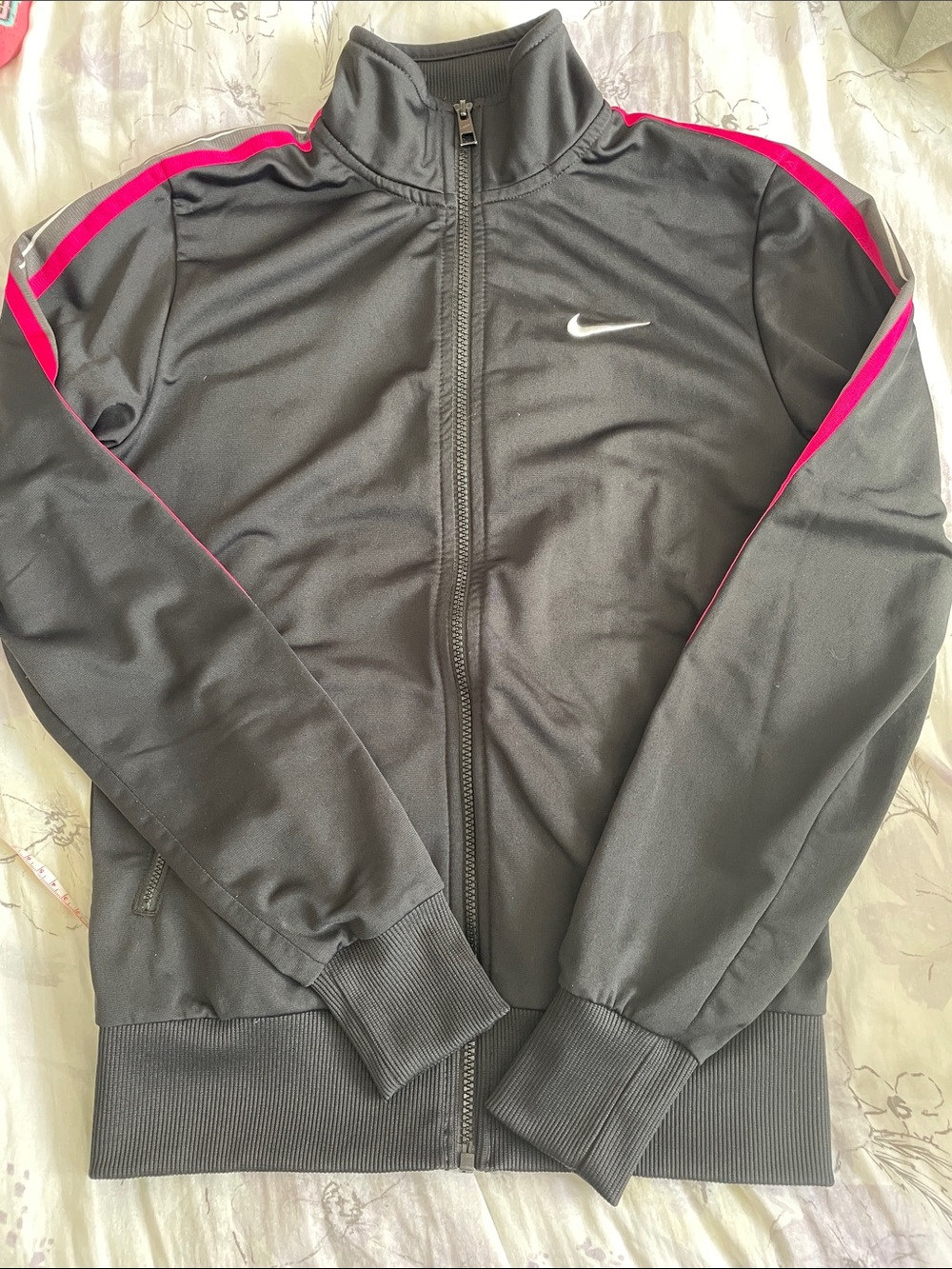 Nike Women's Black Bomber Jacket with Pink Shoulder Stripes